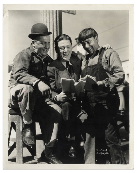 8 x 10 Glossy Photo From 1935 of Moe and Curly With Shemp on the Columbia Lot -- Very Good Condition